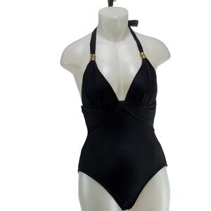 BEACH JOY Women's 1-Piece Swimsuit Nylon Black Built In Bra Open Back Tie Size M